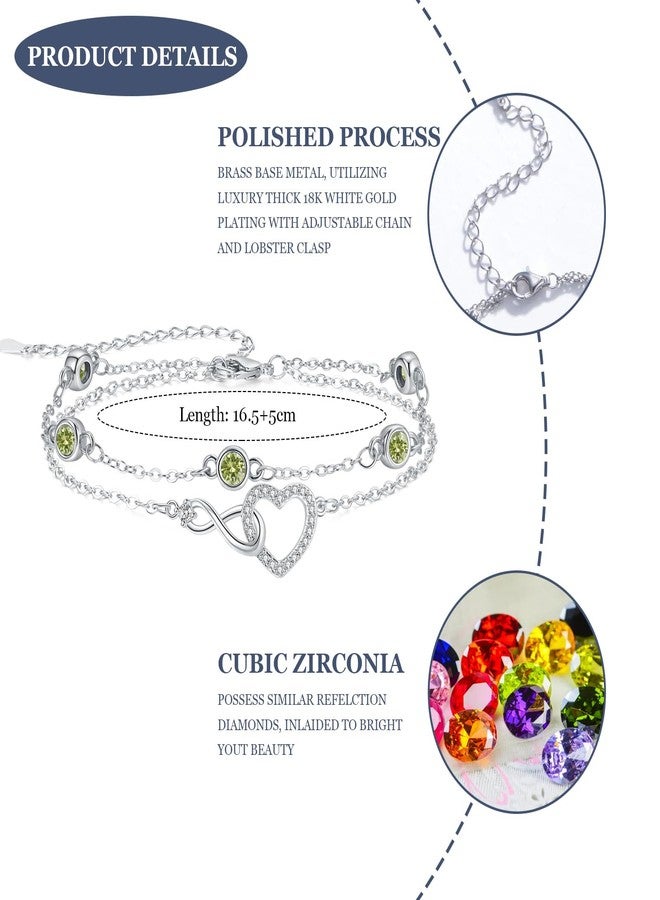 Sfoni Silver Bracelet for Women, Infinity Heart Bracelet with Cubic Zirconia Adjustable Layered Bracelets Forever Love Jewelry Gift for Mom Wife Girlfriend Friend Birthday Wedding Bride, Peridot - Image 2